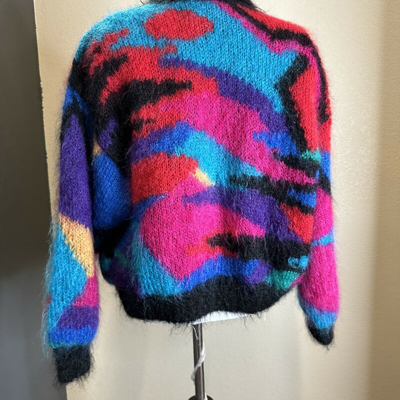 Late 80s/Early 90s funky colored chunky mohair cardigan sweater.  5 buttons and pockets.