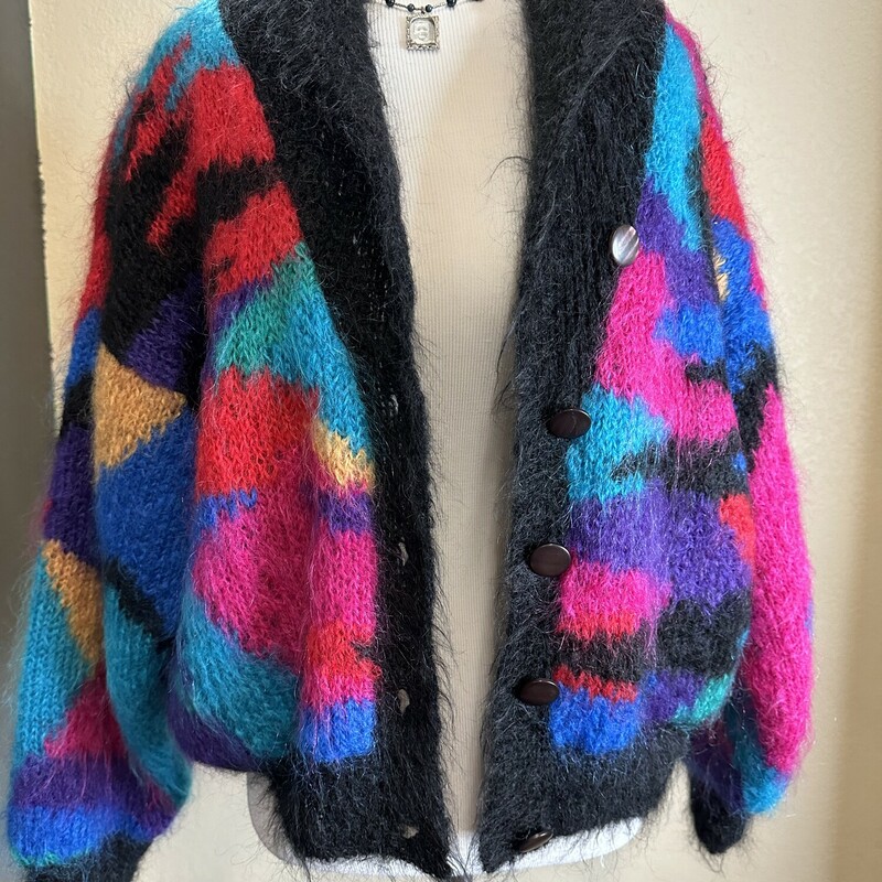 Late 80s/Early 90s funky colored chunky mohair cardigan sweater.  5 buttons and pockets.