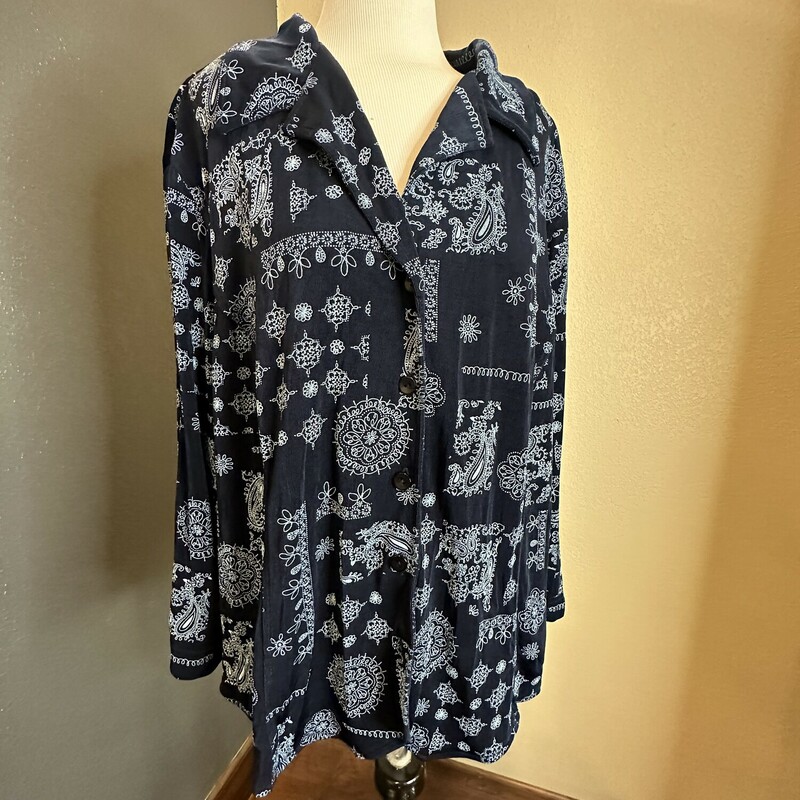This paisley print button down top is ideal for travel. It doesnt wrinkle or cling.