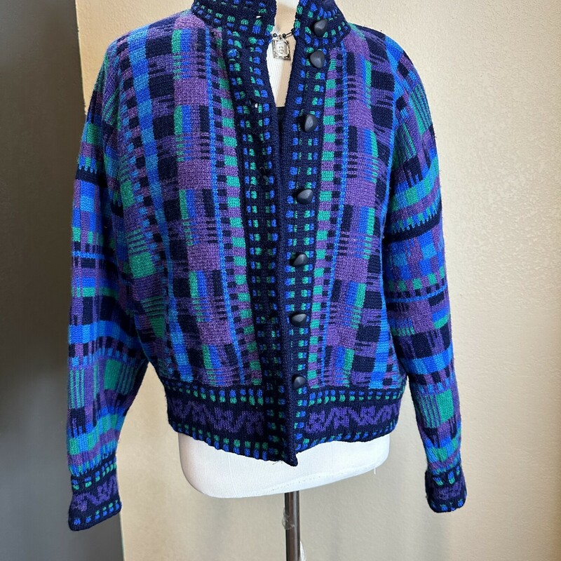 Kolor Knits Wool Cardigan Sweater made in Ireland.  Blue, purple and green block print design. Cute triangle buttons.