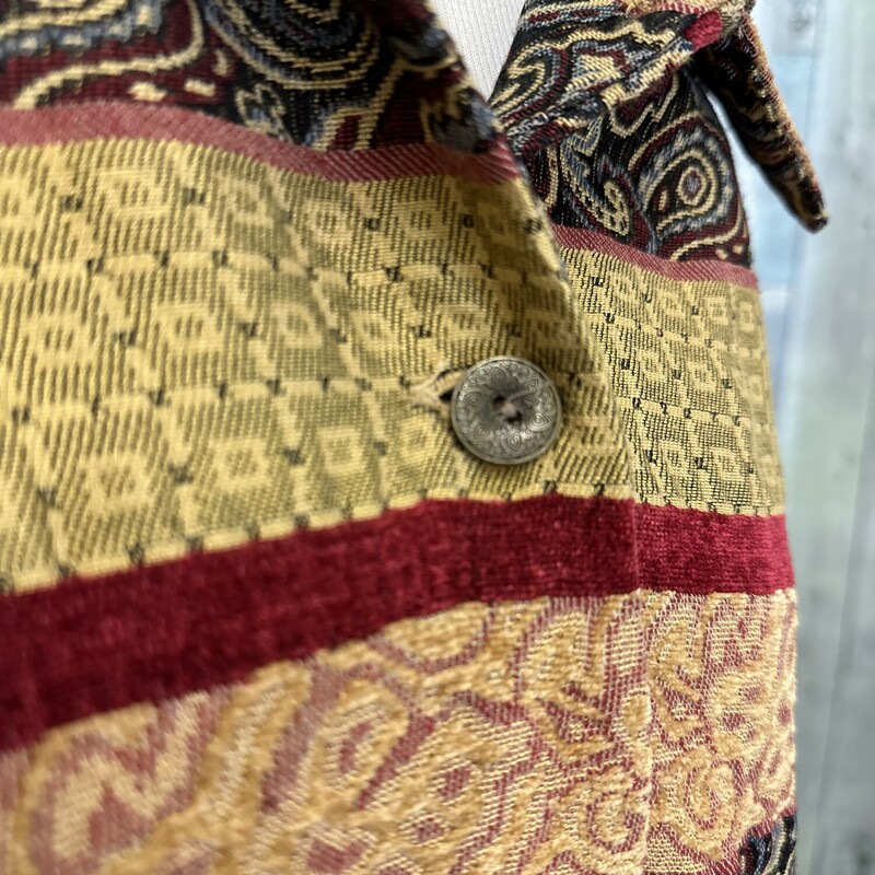 This tapestry inspired jacket is the perfect partner to your favorite pair of jeans.  Gold, red, brown, blue design.