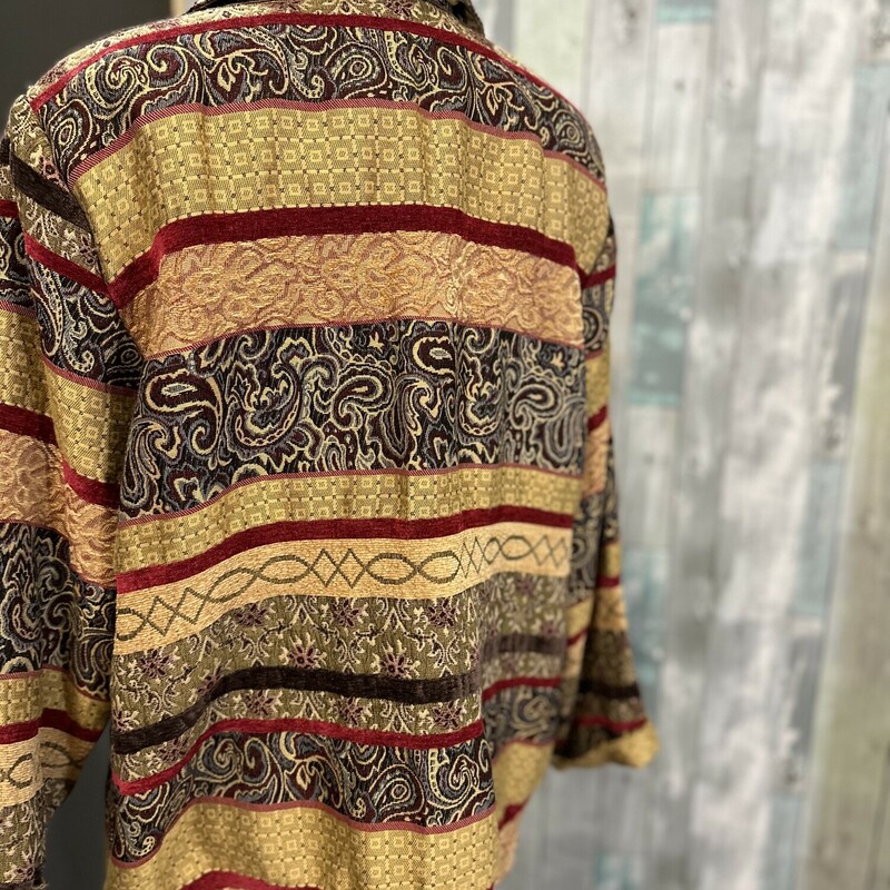 This tapestry inspired jacket is the perfect partner to your favorite pair of jeans.  Gold, red, brown, blue design.