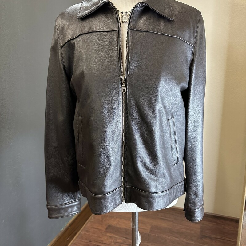 A perfect edgy addition to your closet for the upcoming winter months! This coat is a thick, smooth leather jacket perfect for the season. In a size medium, for only 42.99!!