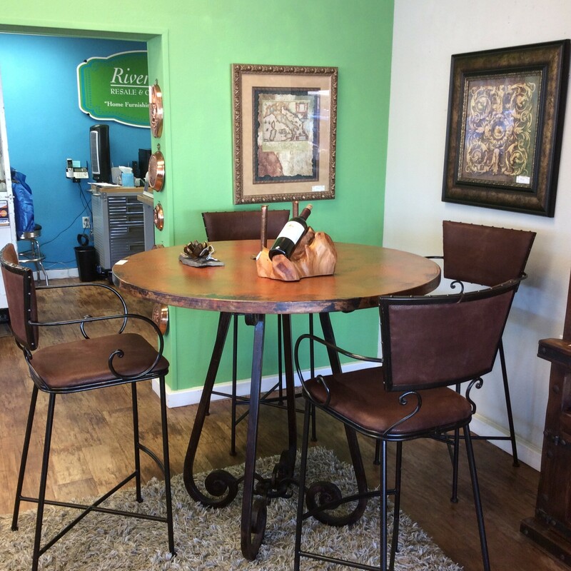 This handsome copper topped bar table has an iron scroll base with four ultra suede covered bar stools.