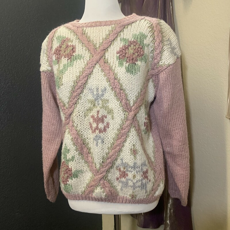 Nuggets Sweater, Pink Floral Stitiching with the shoulder pads too....complete 80's Vintage , Size: Medium