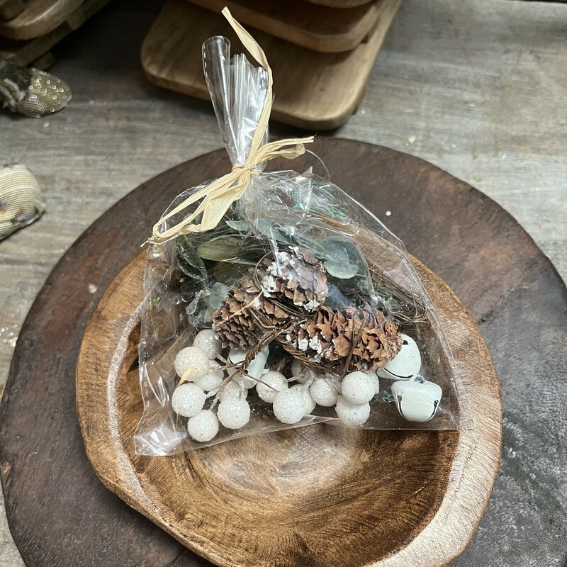 These Bowl Filler Stems make the perfect little gift or just for yourself. Bag contains snowy stems of greenery, berries, pine cones and bells that are all individual stems so your can create any design you wish.