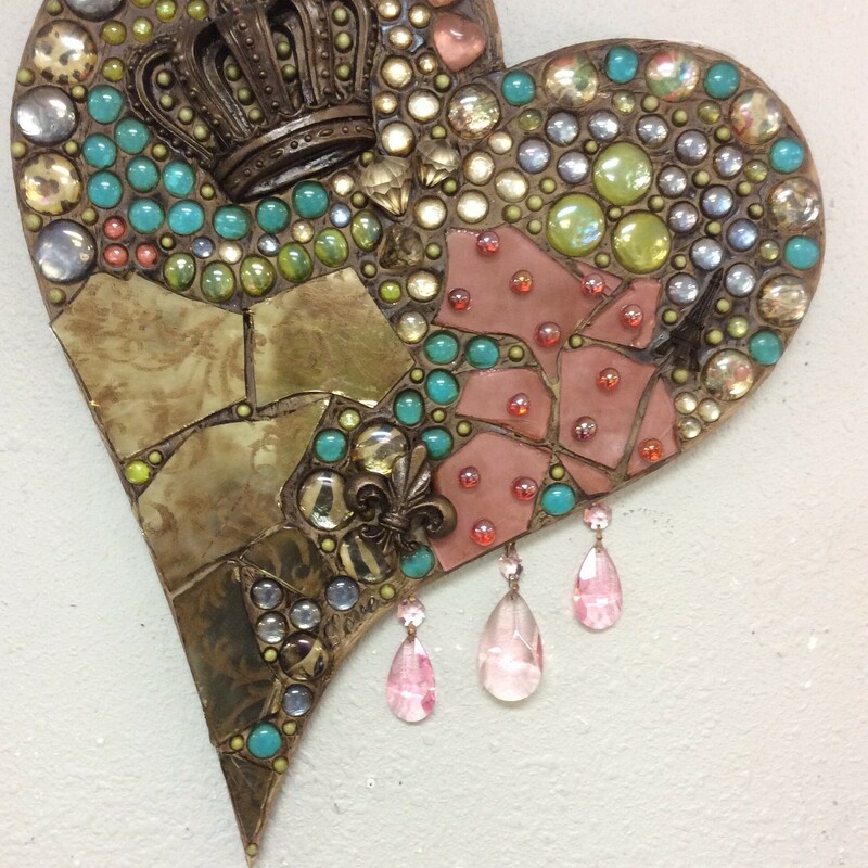 Handmade mosaic heart plaque with pink prisims.