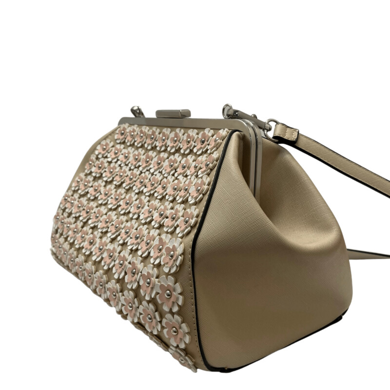 Catherine M Floral Handbag<br />
Cream and Pink with White and Black accents<br />
Braided Strap Detail<br />
Crossbody