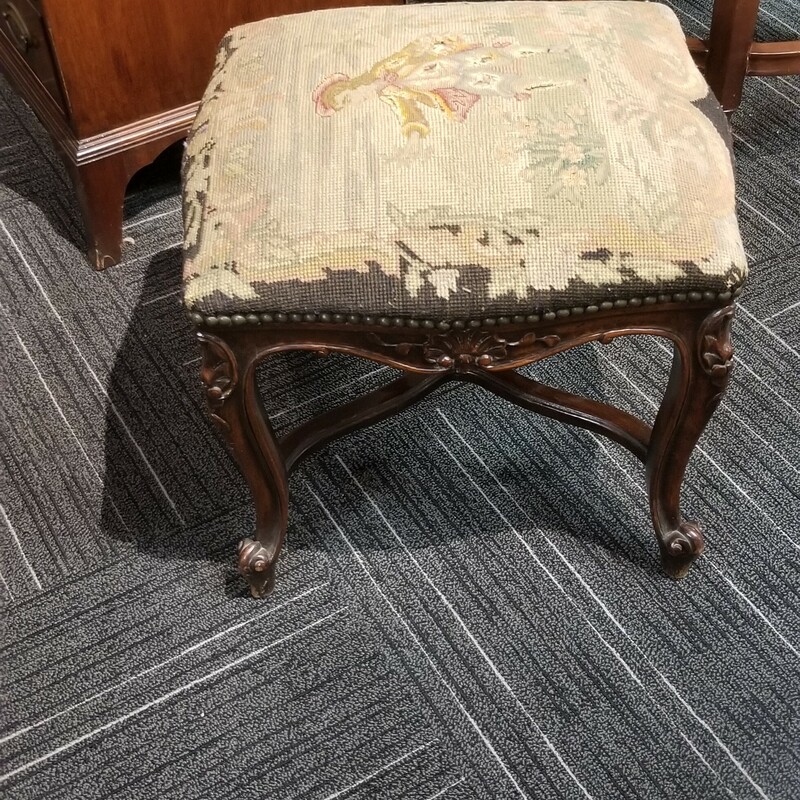 Antique ottoman. 19in x 17in top. Some holes in fabric.
