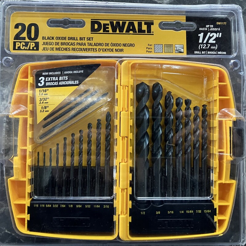 Drill Bit Set, DeWalt DW1177

20 Piece, Black Oxide, Metal Drilling, Bit Set, Black Oxide Finish For Greater Wear Protection & Longevity Of The Bit, Parabolic Flute Design Gives These Bits Greater Strength, 135 Degree Split Point Design That Reduces Slip & Walking & Allows For Easier No-Slip Starting, Sturdy Tough Case Container To Keep Bits Organized, Tough Cases Have A Sliding Soft Grip Lock That Keeps The Case Closed Securely To Prevent Lost Bits, Ideal For Drilling In Metal, Wood & Plastics, Includes: (3) 1/16 inch, (1) 5/64 inch, (2 ) 3/32 inch, (1) 7/64 inch, (2) 1/8 inch, (1) 9/64 inch, (1) 5/32 inch, (1) 11/64 inch, (1) 3/16 inch, (1) 13/64 inch, (1) 7/32 inch, (1) 15/64 inch, (1) 1/4 inch, (1) 5/16 inch, (1) 3/8 inch & (1) 1/2 inch.