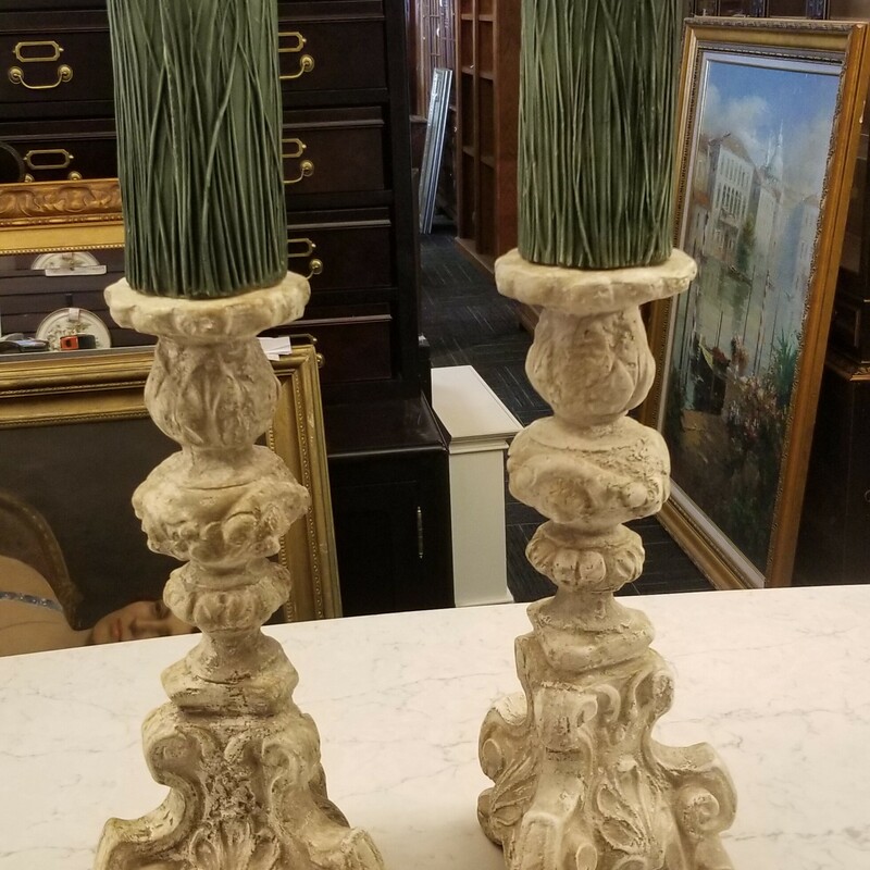 Pair of faux stone candle holders. 17in high