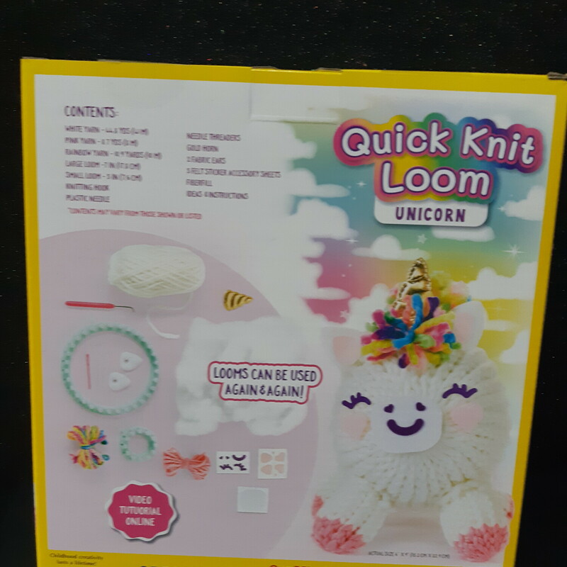 Unicorn Knit Loom, 7+, Size: Create<br />
<br />
Learn a new craft as you create your own soft and squishy unicorn friend. Everything you need is included.<br />
<br />
So much easier than knitting or crocheting; simply wind the yarn around the loom pegs, then flip the loops. When you’re finished, use the included components to stuff and accessorize your plush pal.<br />
<br />
Kit includes 60+ yards of yarn, fiber fluff, soft ears, gold horn, felt accents, large and small looms, hook, plastic needle and step-by-step instructions.