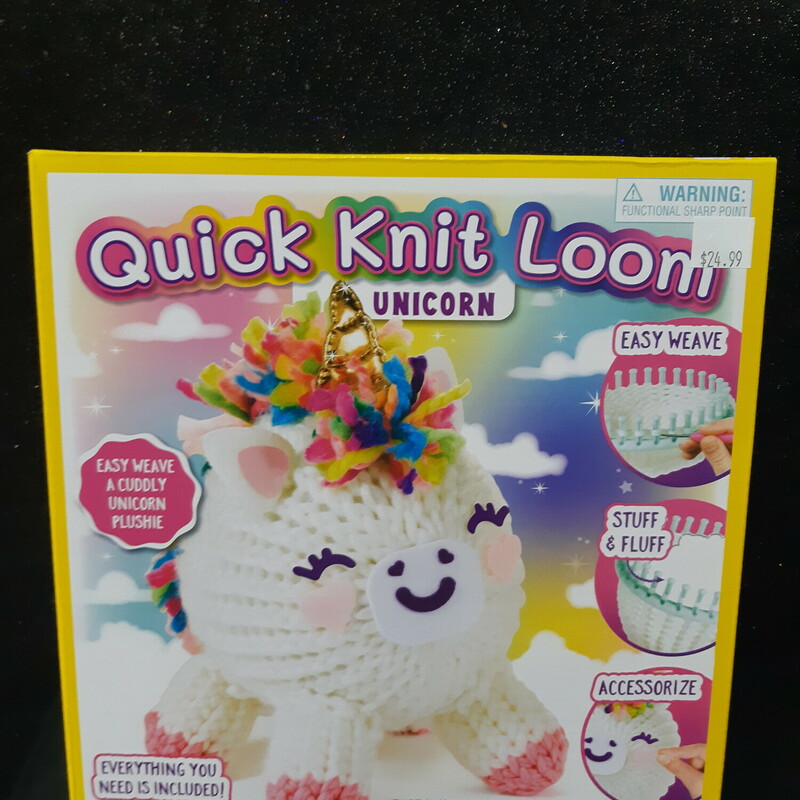 Unicorn Knit Loom, 7+, Size: Create

Learn a new craft as you create your own soft and squishy unicorn friend. Everything you need is included.

So much easier than knitting or crocheting; simply wind the yarn around the loom pegs, then flip the loops. When you’re finished, use the included components to stuff and accessorize your plush pal.

Kit includes 60+ yards of yarn, fiber fluff, soft ears, gold horn, felt accents, large and small looms, hook, plastic needle and step-by-step instructions.