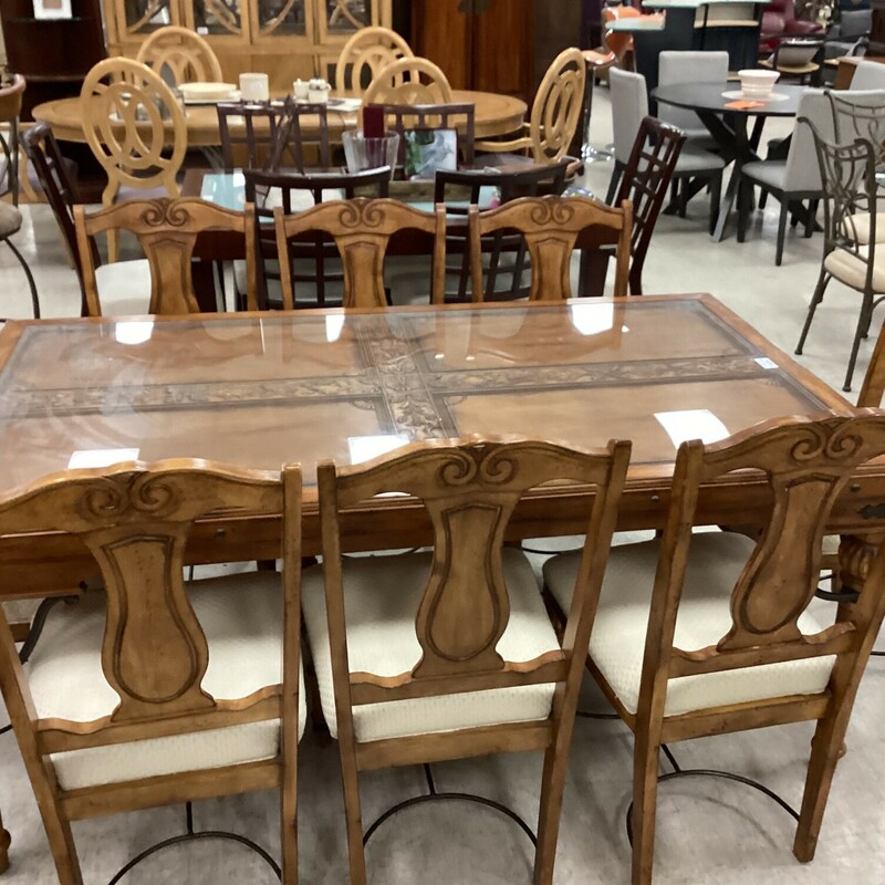 Carved Wood Table W/ 8 Ch, Med Wood, Glass Top
42 In x 72 In x 30 In T
Chairs 19 In W
