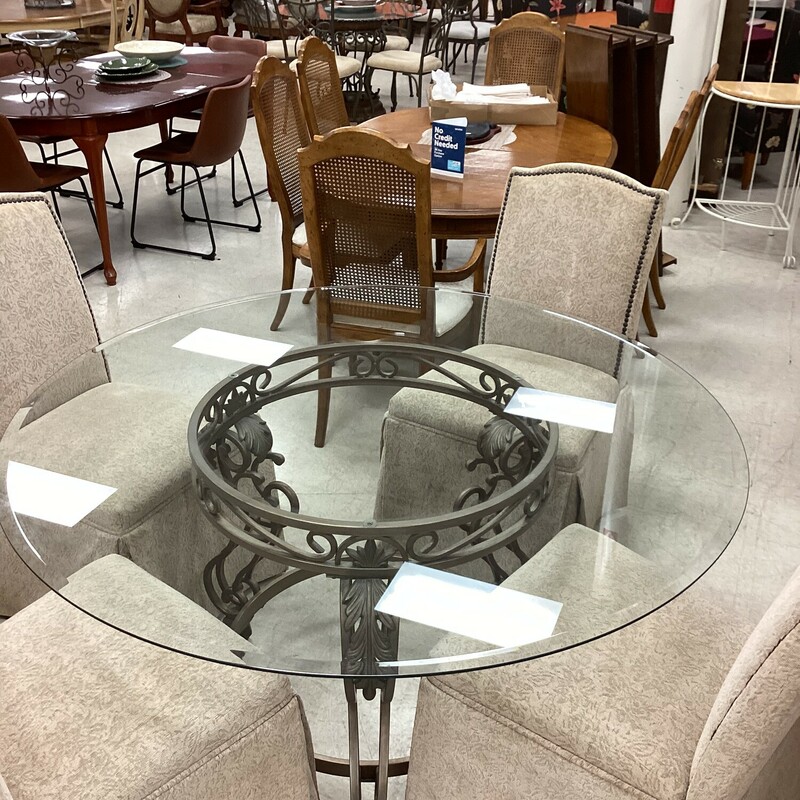 Round Glass Table, Beige Ch, 4 Chairs
54 In Rd x 30 In T
Chairs= 20 In W