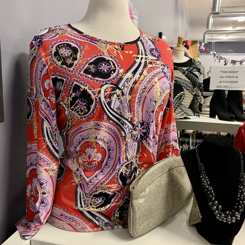 Tanjay Festive Top,
Colour: Red pink and gold tones,
 Size: Small