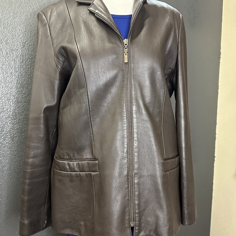 Jones of NY leather zip up jacket.   Poly lining, two front pockets. Good condition, slight wear at cuffs.