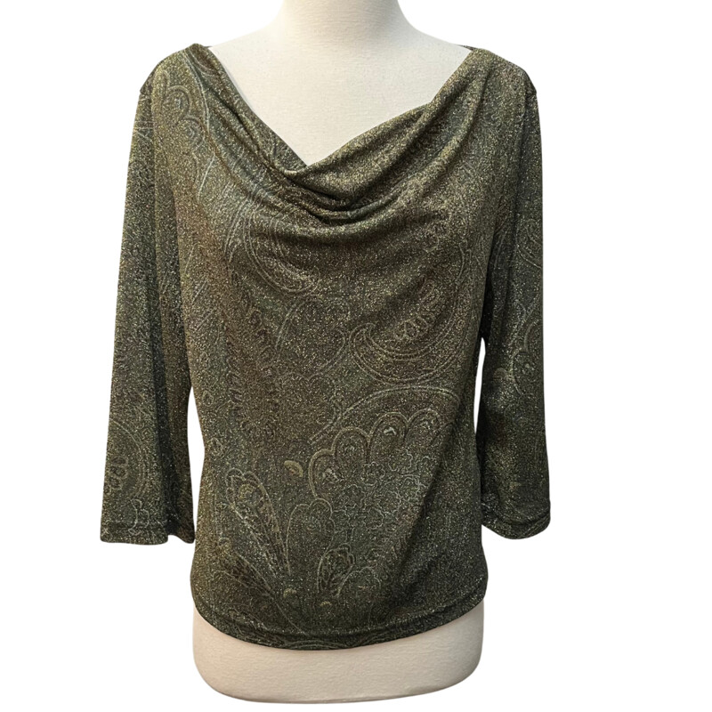 Byrn Walker Metallic Top
3/4 Sleeve
Cowl Neck
Gold and Ivy
Size: Medium