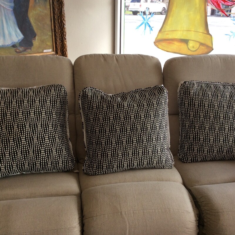 This set of 3 pillows features an abstract black and white dot pattern. Good condition.