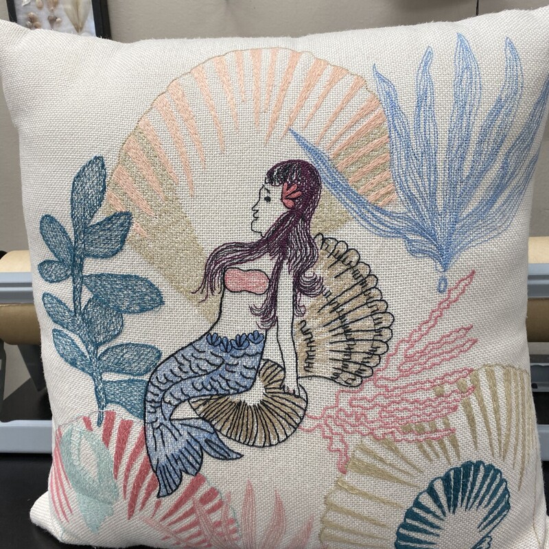 Mermaid Embroidered Pillow, Pastel, Size: 17x17 Inch