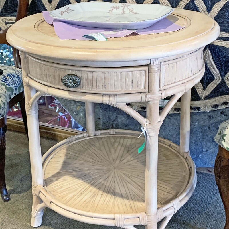 Round Bamboo 2 Tier Side Table with Drawer - $73.50.
26 Round x 27 Tall.