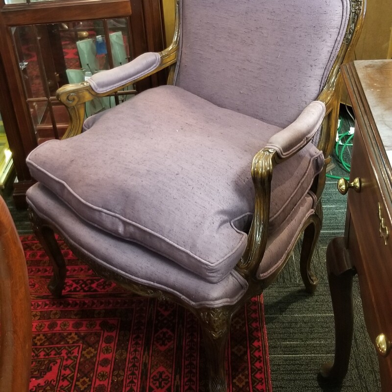 Carved French down filled arm chair. 29in wide