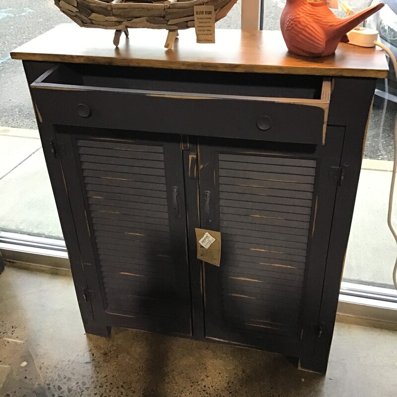 Repurposed Cabinet by Local Artist
Painted Grey
2 Shutter Doors
1 Long Drawer
Stained Top

Dimensions: 37x12x43