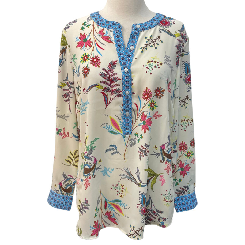 New Talbots Floral Tunic Top
Cream, Light Blue, Yellow, Pink, Red, Brown and Gray
Size: Medium