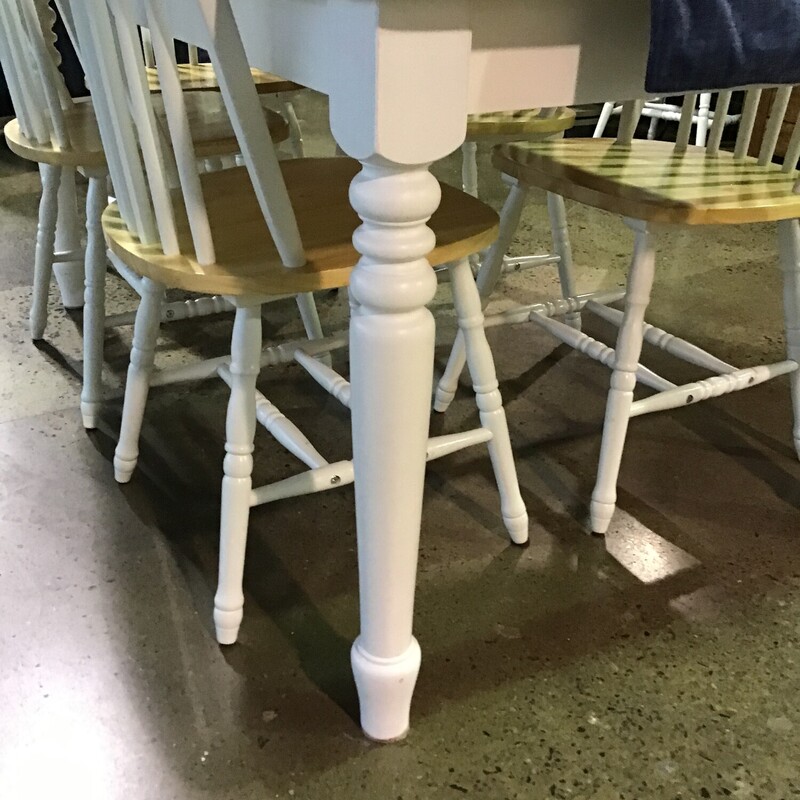 Whalen Furniture Company
Natural stained table top & chair seats
White straight legs on table and chairs and chair backs
Comes with 7 Chairs!

Dimensions:  60x36x30