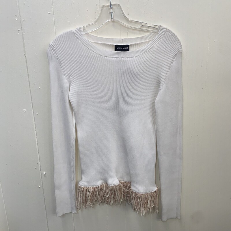 Sweater Ribbed Fringe Hem, White, Size: 42/sm