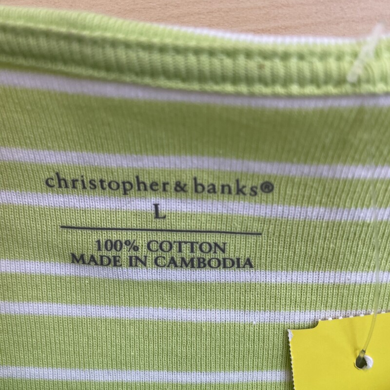Christopher & Banks Top, SS, Lime Green and White Stripes, Rolled Sleeve with Button Accent, Size: Large