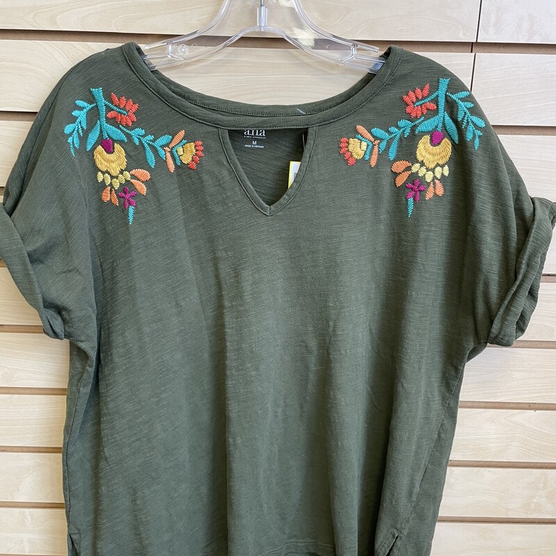 Ana Top, SS, Camo Green, Floral Embroidery on the Front of the Shoulders, Rolled Cuff Sleeves, Size: Medium