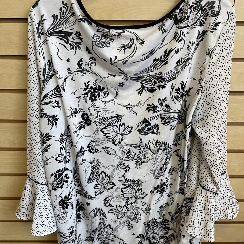 Loft Top, LS, Cream with Black Floral Designs, Bell Sleeves, Knit Back and Polyester Front and Sleeves, Size: Large Petite