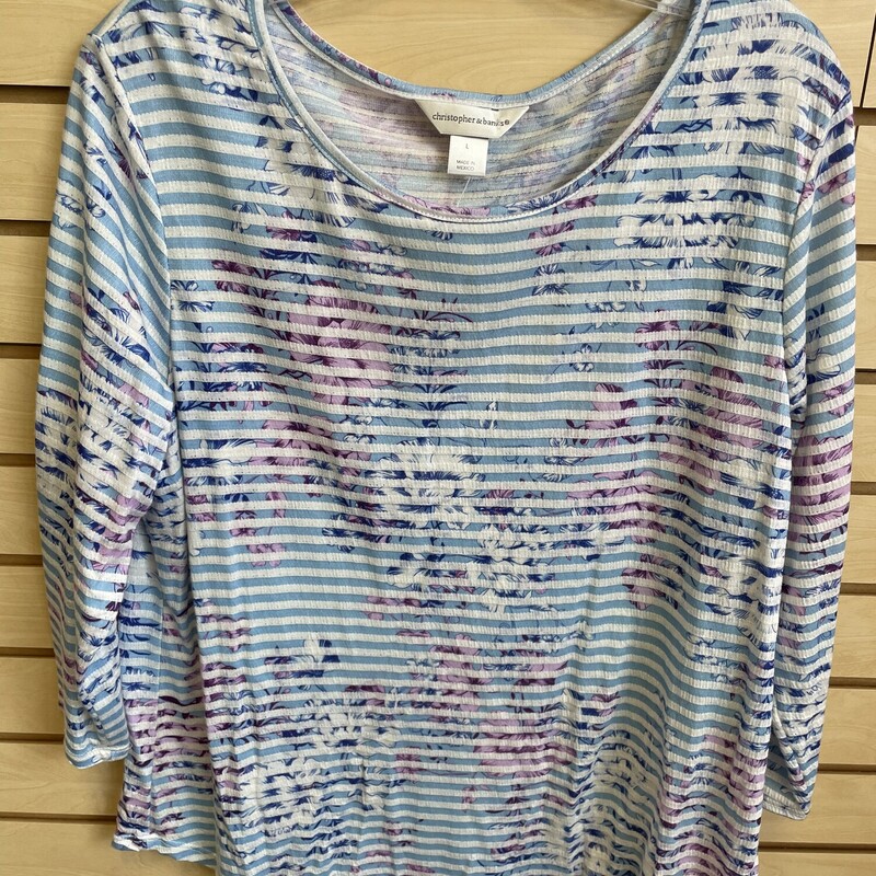 Christopher & Banks Top, LS, Blue and Cream Stripes with a Blue and Purple Floral Design, Size: Large