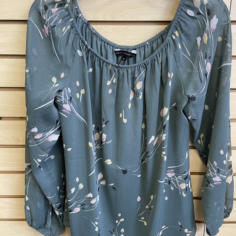 WHBM Top, Moss Green with a Pink and Yellow Floral Print, Shear Puff Sleeves, Elastic around Neckline and Sleeves, Size: Medium