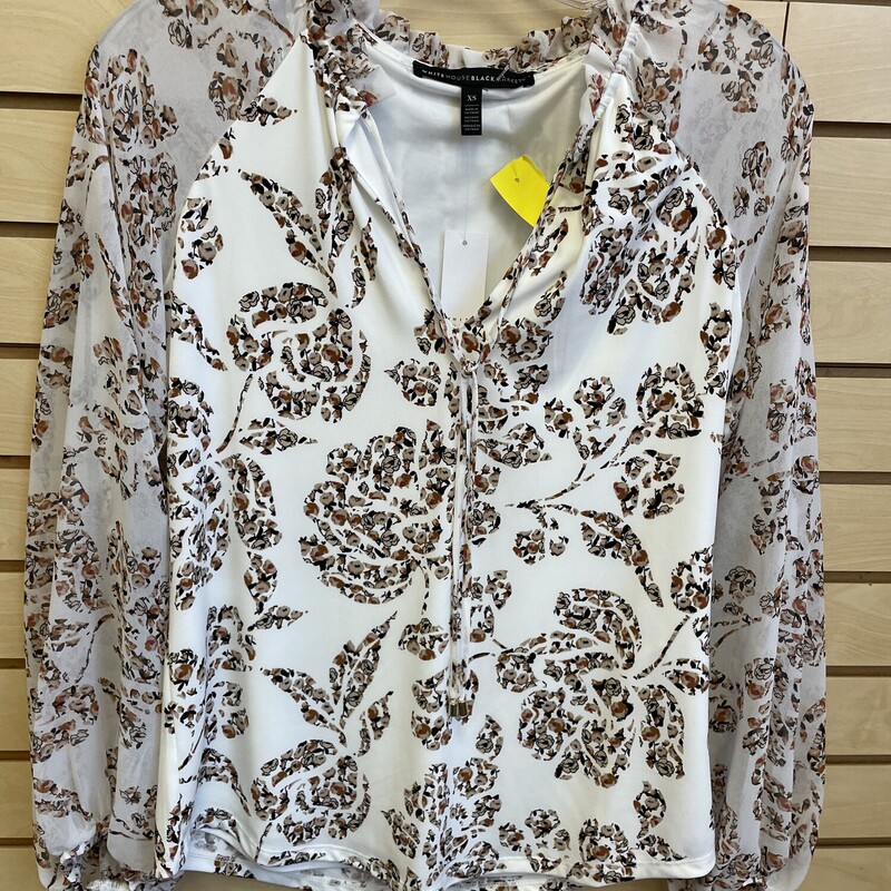 NWT WHBM Top, Long Shear Sleeves, Cream with Brown Floral Pattern, V Neck with Tie Front, Ruffles at Neckline, Size: XS