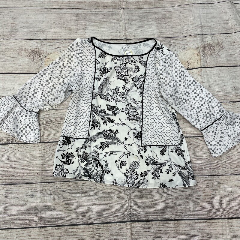 Loft Top, LS, Cream with Black Floral Designs, Bell Sleeves, Knit Back and Polyester Front and Sleeves, Size: Large Petite