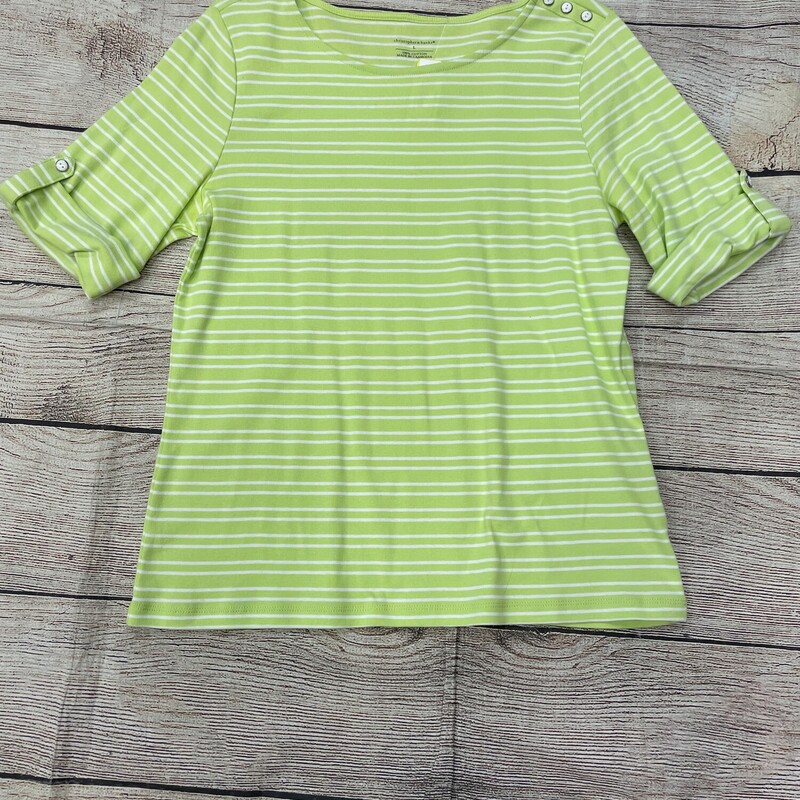 Christopher & Banks Top, SS, Lime Green and White Stripes, Rolled Sleeve with Button Accent, Size: Large