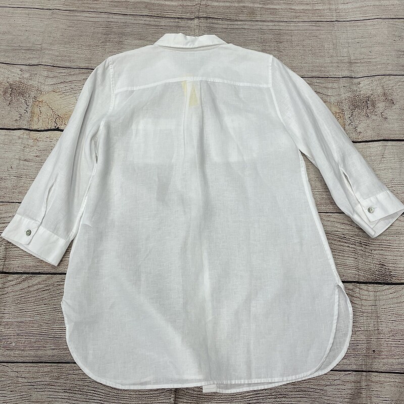 Chicos Blouse, 3/4 Sleeves, White, No Iron Linen, Button Down, Front Pocket with Button Accent and on the Sleeves, Size: Small