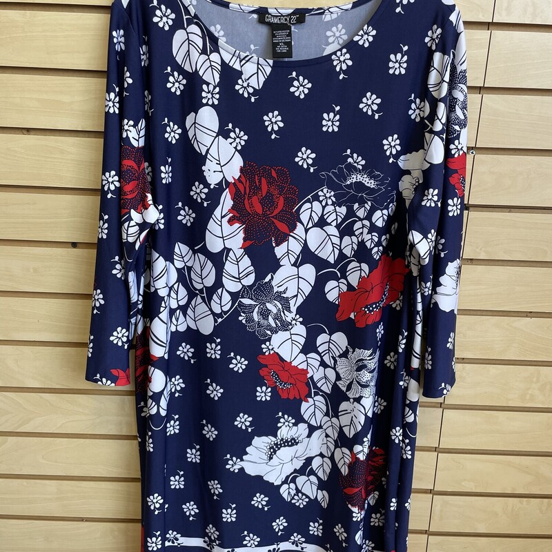 Gramarcy 22 Dress,3/4 Sleeves, Short, Navy with Red and White Floral Print, Stretch Fabric, Size: XL