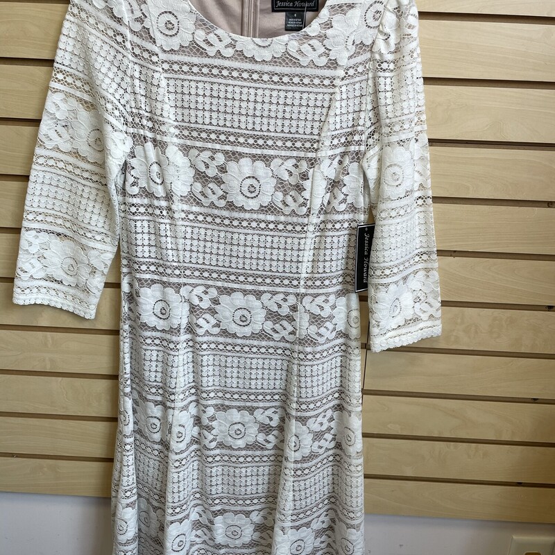 NWT Jessica Howard Dress, 3/4 Sleeves, Cream Lace Overlaying a Beige Tank Dress, Zippered Back, Size: Small