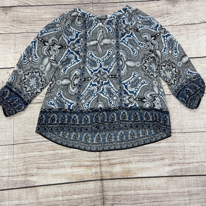 Chelsea & Theodore Top, LS, Blue and Grey Paisley Design, Sheer Fabric, 1/3 Button Down , Size: Small