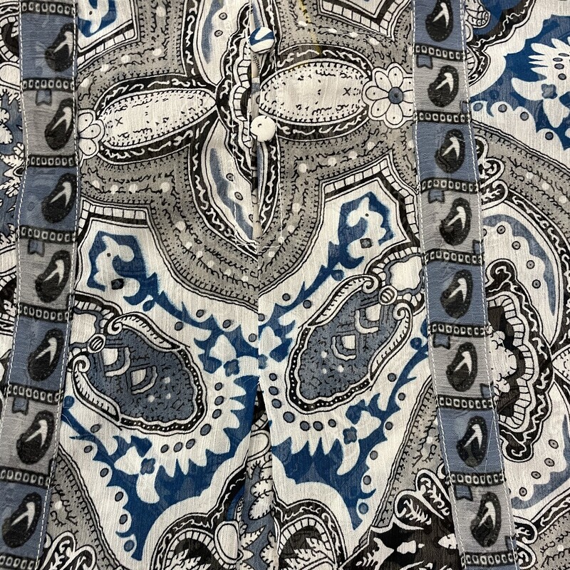 Chelsea & Theodore Top, LS, Blue and Grey Paisley Design, Sheer Fabric, 1/3 Button Down , Size: Small