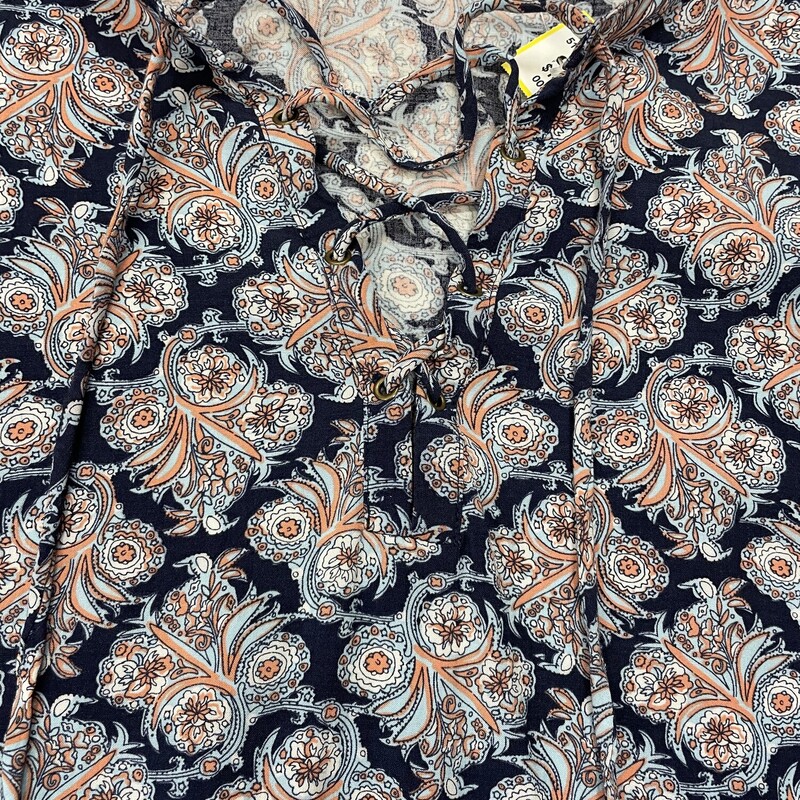 Daniel Rainn Top, LS, Navy withLight Blue and Orange Floral Design, 1/3 Drawstring Opening, Size: Medium