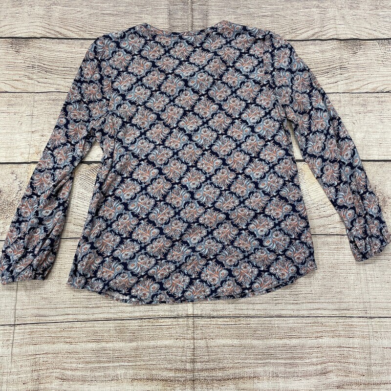 Daniel Rainn Top, LS, Navy withLight Blue and Orange Floral Design, 1/3 Drawstring Opening, Size: Medium