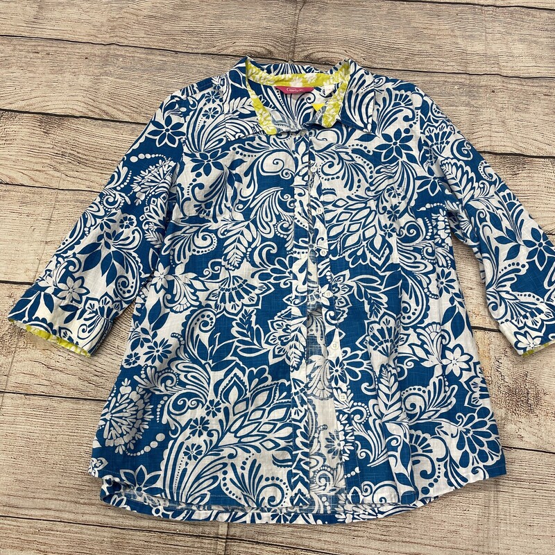 Cappagallo Blouse, 3/4 Sleeves, Blue and White Floral Design with Lime Green Accents Around the  Collar and Cuffs, Size: XL