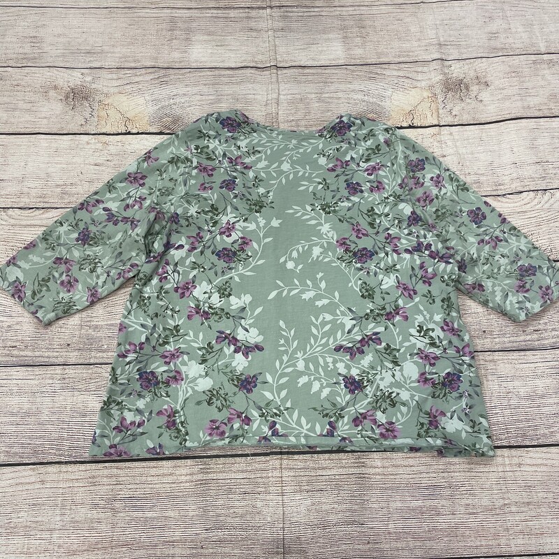 CJ Banks Top, 3/4 Sleeves, Moss Green with Purple Floral Design, Size: 2x