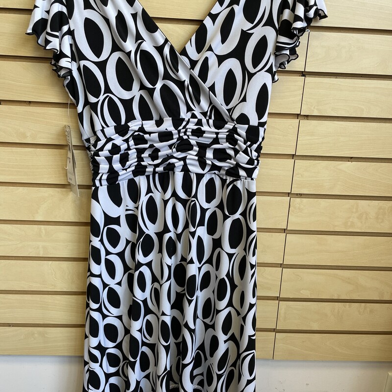 NWT Studio 1 Petite Dress, Knee Length, Cap Sleeves, Black with White Oval Pattern, Surplice Top, Gathered Waist, Strechy Fabric, Size: Large Petite