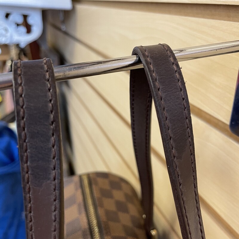 Louis Vuitton Papillon Handbag, Damier, Brown Coated Canvas Check Pattern with Rust Leather Lining, Brown Leather Straps, Some Water Stains on Inside of Straps, Gold Hardware<br />
<br />
Size: Width: 12 inches, Height: 6 inches, Diameter: 6 inches, Handle Drop: 7 inches