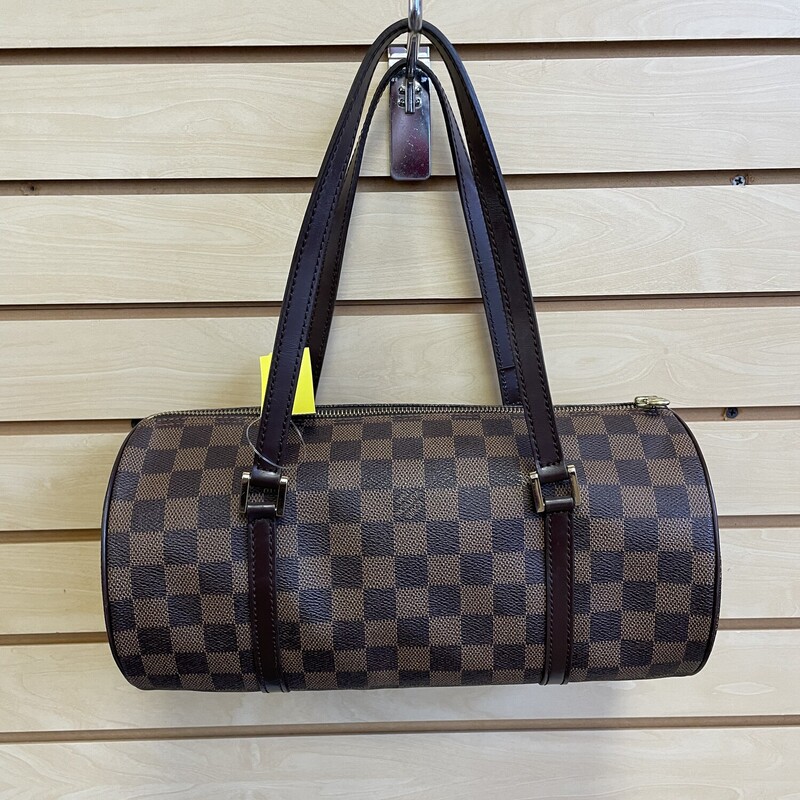 Louis Vuitton Papillon Handbag, Damier, Brown Coated Canvas Check Pattern with Rust Leather Lining, Brown Leather Straps, Some Water Stains on Inside of Straps, Gold Hardware<br />
<br />
Size: Width: 12 inches, Height: 6 inches, Diameter: 6 inches, Handle Drop: 7 inches